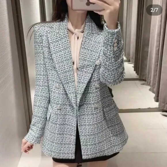 ZARA DOUBLE-BREASTED TEXTURED TWEED BLAZER TEAL GREEN.  SZ S - Picture 5 of 6